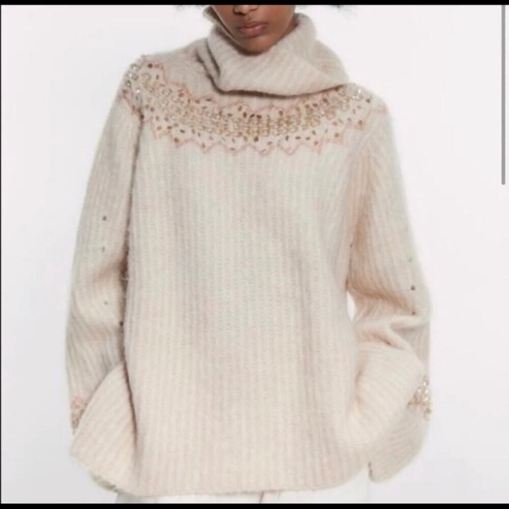 Zara Wool Mohair Blend Beaded Turtleneck Sweater Bloggers Fav Small - Picture 1 of 9